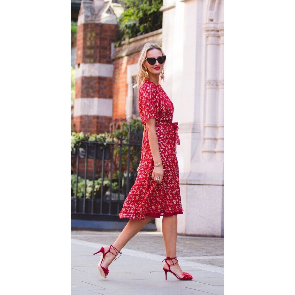 NEW L.K. BENNETT WOMEN’S SIZE 14 EVE CRANBERRY SHORT SLEEVE SILK DRESS - Picture 4 of 11
